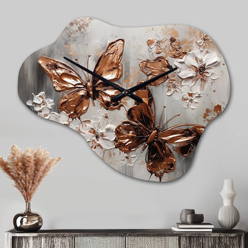 Rose Gold Butterfly Wings And Flowers II - Asymmetric Metal Wall Clock